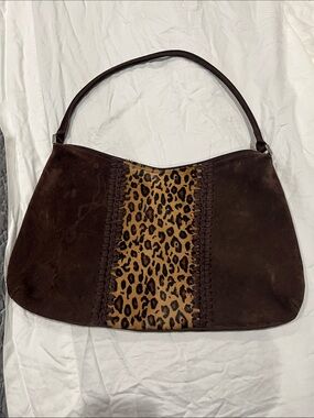 BERGE Made in Italy Dark Brown Suede Shoulder Bag with Leopard Center Panel
